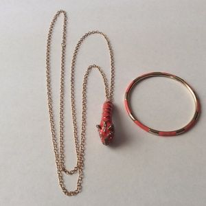 Vintage Set Enameled Rhinestone Orange Tiger Pendant Chain Necklace And Bracelet